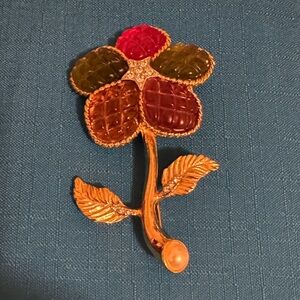 Colorful Glass & Faux Pearl Flower Gold Tone Brooch